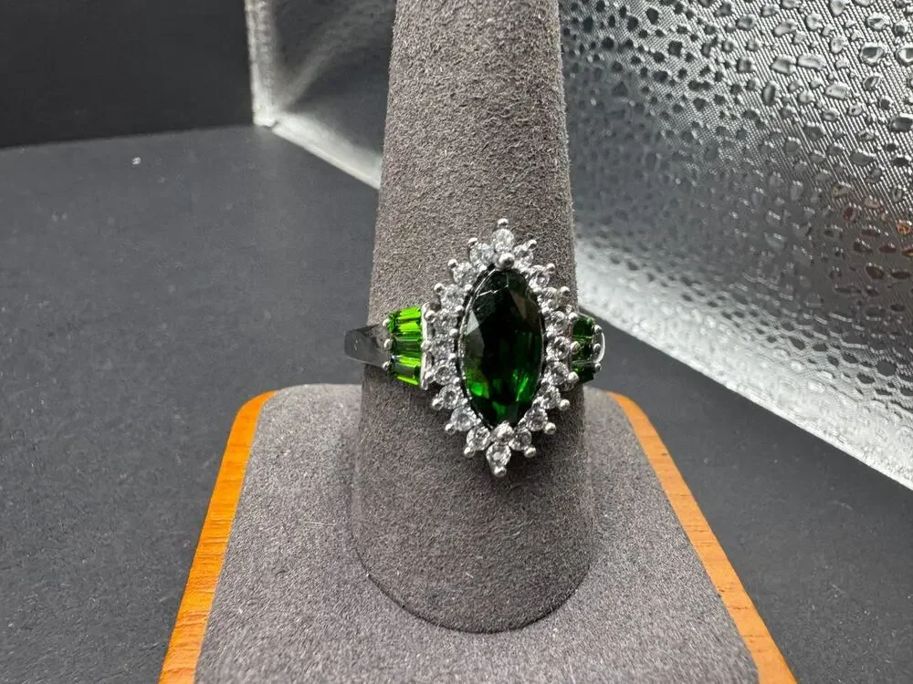 Vintage 925 Sterling Silver Ring Diopside Gemstone Zircon Cocktail Ring Sz 10
